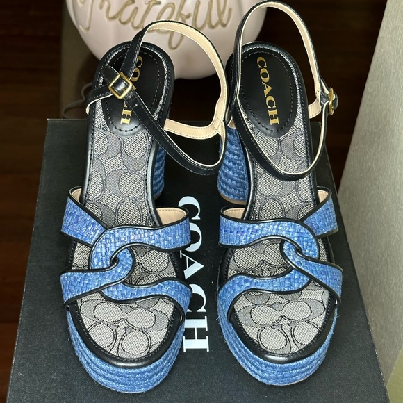 Coach Shoes - Coach Talina Raffia Blue and Black Denim Sandal 9US